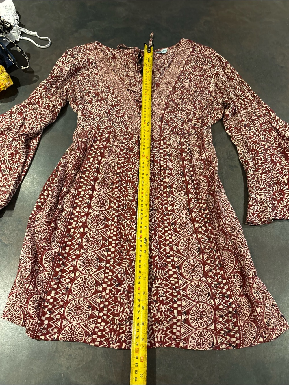 Nostalgia Burgundy and Cream Lace-Up Printed Boho Mini Dress Small - Picture 7 of 9
